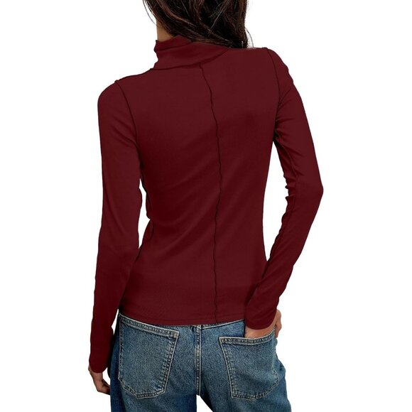 Women's Undershirts All Dark Red Long Shirt Sleeve Ribbed Fit Slim Top Tees - Picture 2 of 5